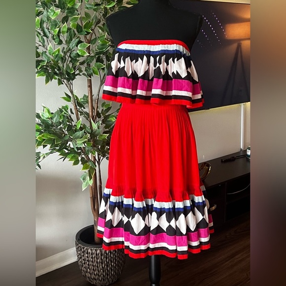 kate spade new york, Geo Border Pleated Dress, Red Strapless size 4 - Picture 3 of 8